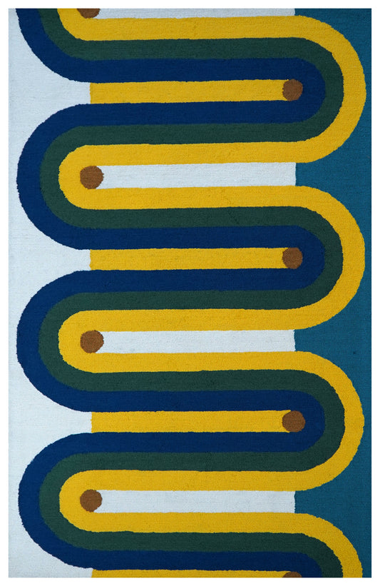 Hand Tufted Wool Cut Pile Geometric Area Rug - Blue Yellow Green White Wavy Stripes Custom Sizes