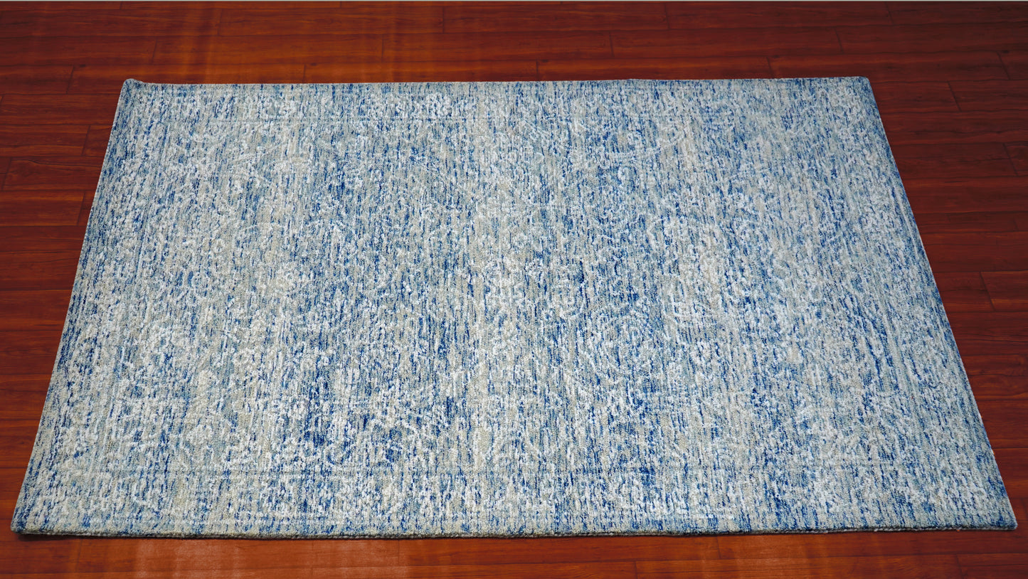 Cut Pile Abstract Textured Hand Tufted Wool Area Rug - Blue Grey Ivory Modern Custom Sizes