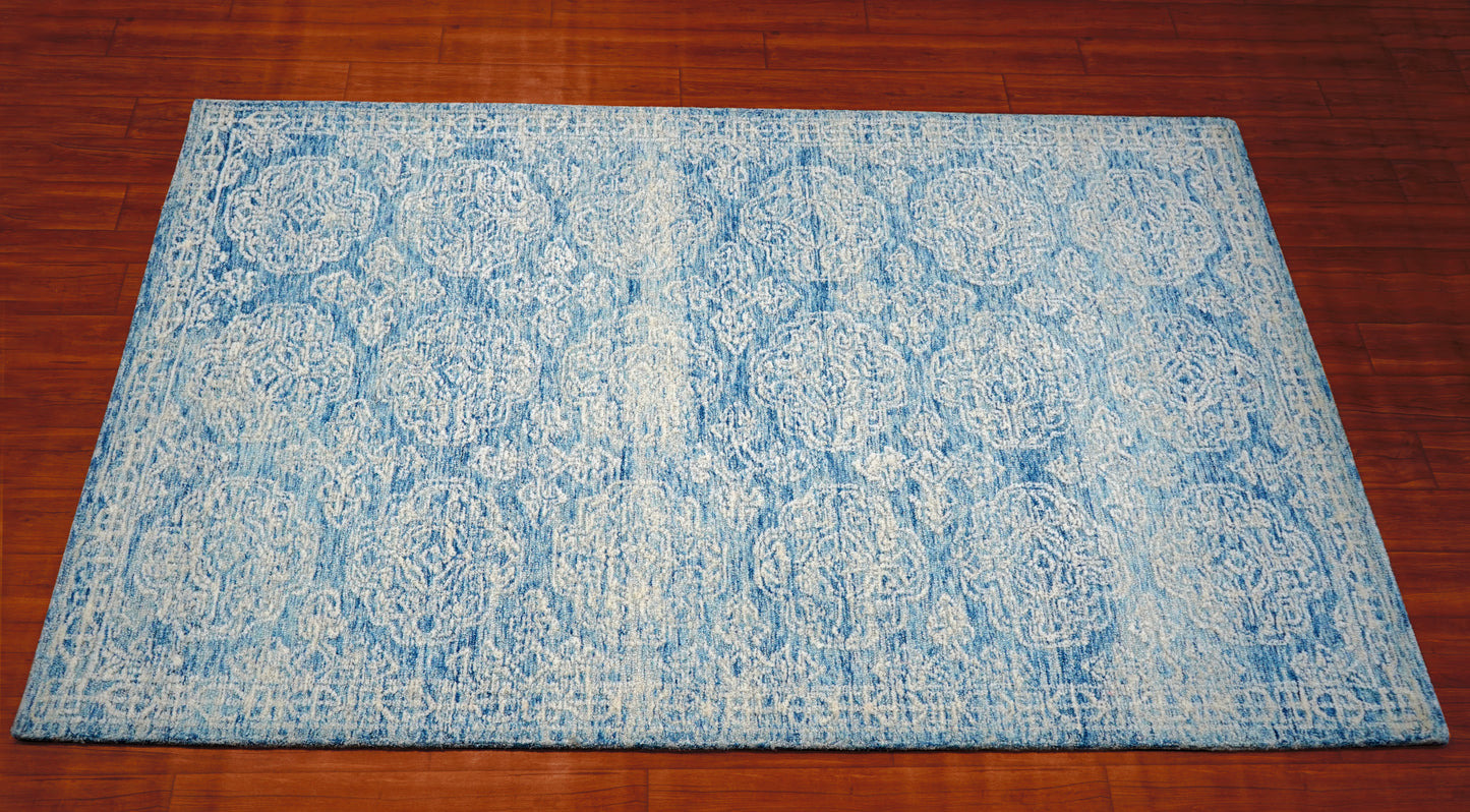 Turquoise Blue Vintage Damask Distressed Hand Tufted Wool Area Rug - Cut Pile Custom Sizes
