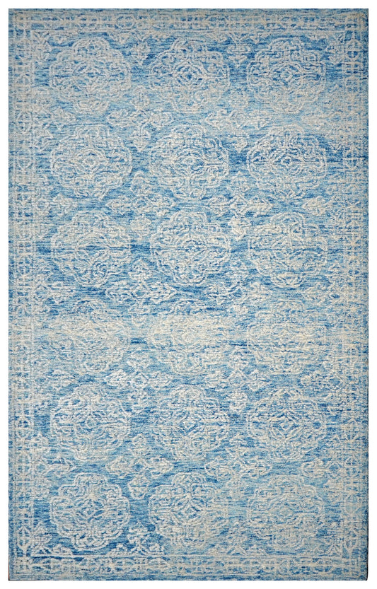 Turquoise Blue Vintage Damask Distressed Hand Tufted Wool Area Rug - Cut Pile Custom Sizes