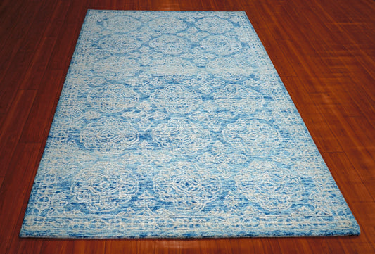 Turquoise Blue Vintage Damask Distressed Hand Tufted Wool Area Rug - Cut Pile Custom Sizes