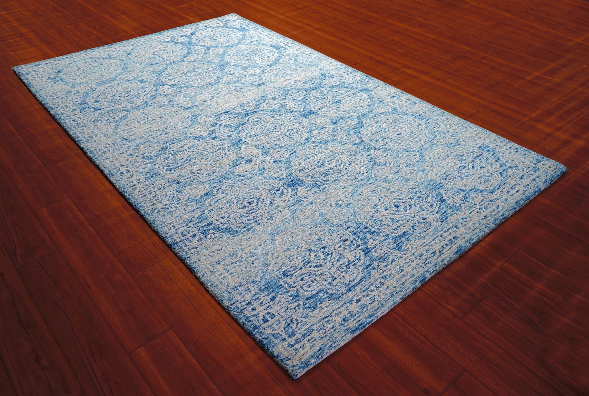 Turquoise Blue Vintage Damask Distressed Hand Tufted Wool Area Rug - Cut Pile Custom Sizes