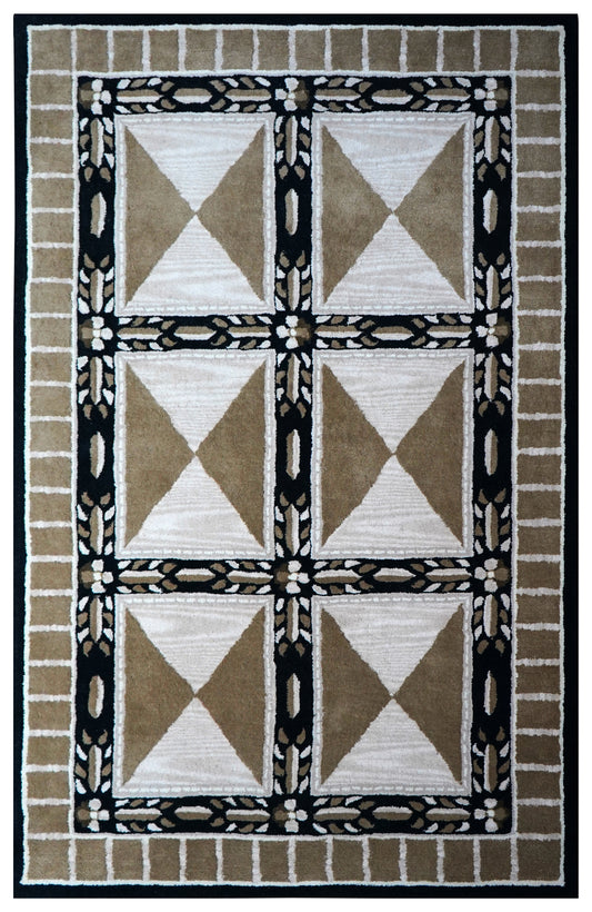 Geometric Tribal Cut Pile Hand Tufted Wool Area Rug - Beige White Black Grey Custom Sizes