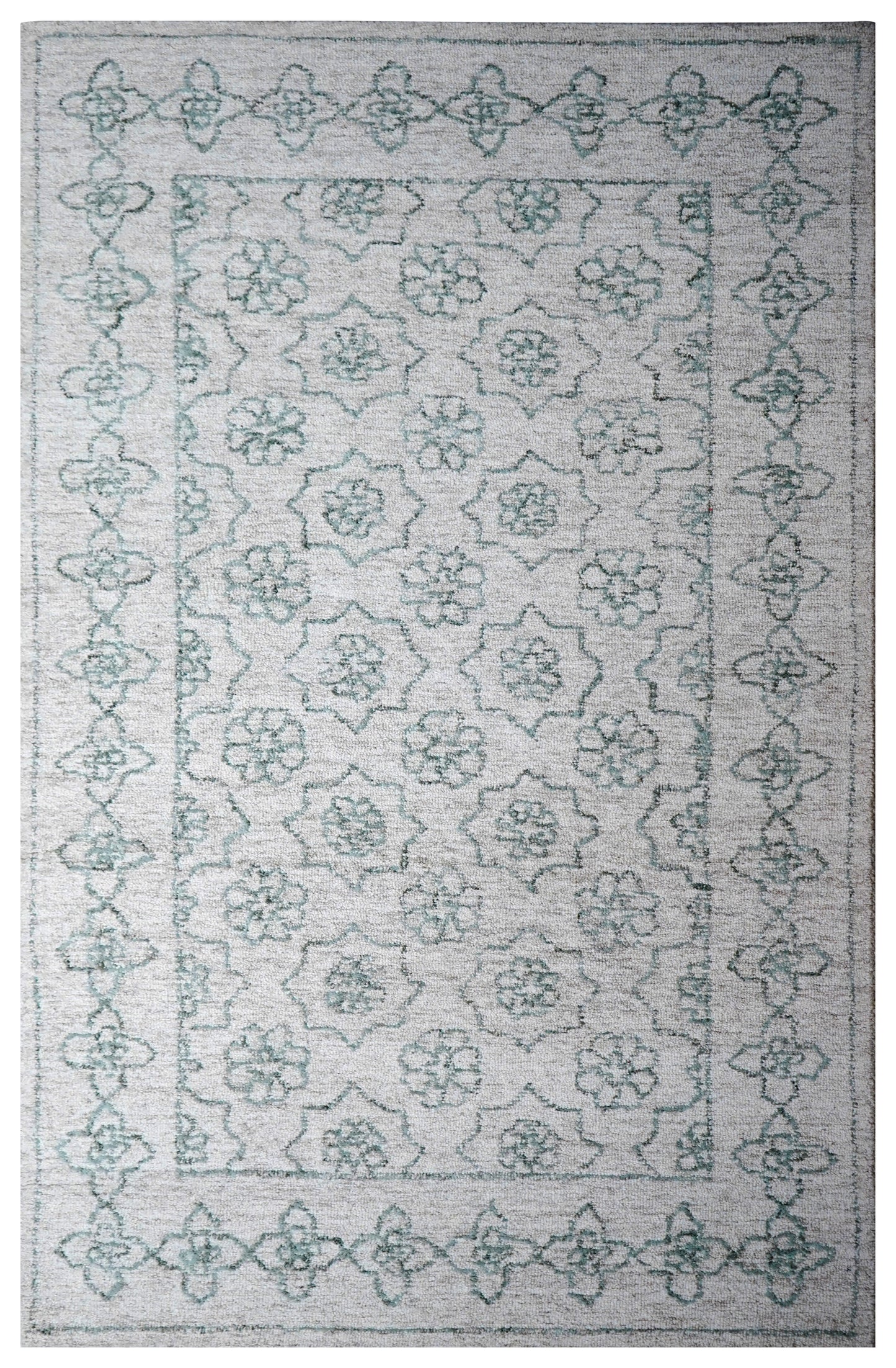 Cut Pile Hand Tufted Wool Area Rug - Mint Green Ivory Vintage Floral Distressed Custom Sizes