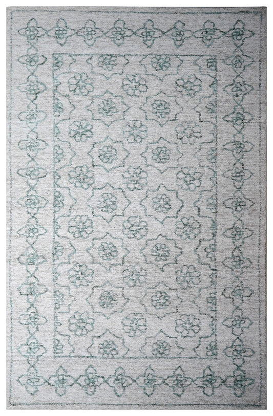 Cut Pile Hand Tufted Wool Area Rug - Mint Green Ivory Vintage Floral Distressed Custom Sizes