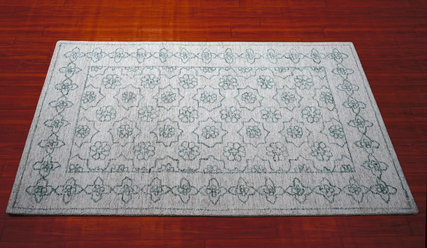 Cut Pile Hand Tufted Wool Area Rug - Mint Green Ivory Vintage Floral Distressed Custom Sizes