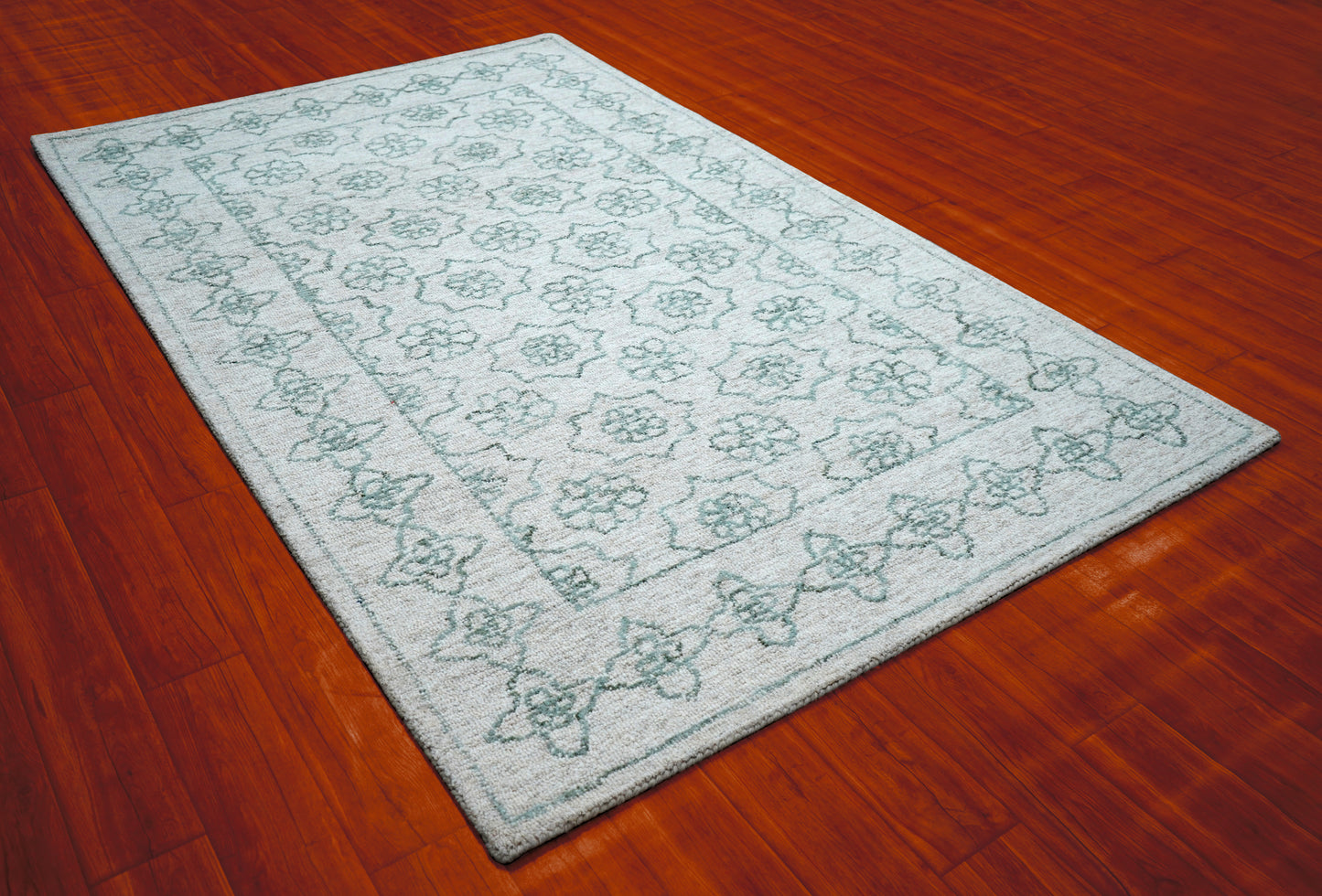Cut Pile Hand Tufted Wool Area Rug - Mint Green Ivory Vintage Floral Distressed Custom Sizes
