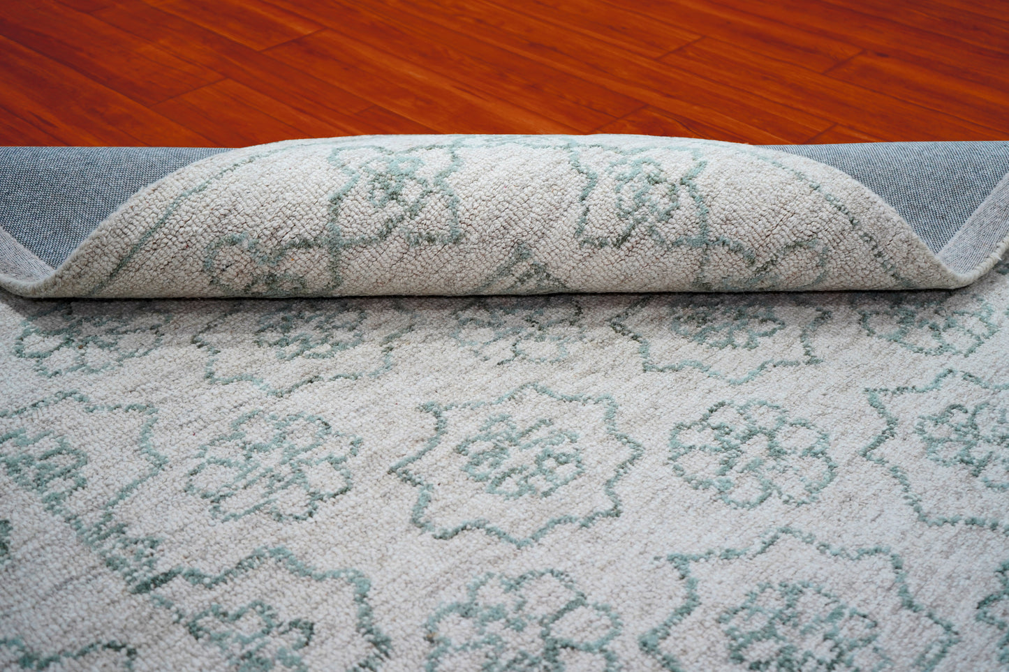 Cut Pile Hand Tufted Wool Area Rug - Mint Green Ivory Vintage Floral Distressed Custom Sizes