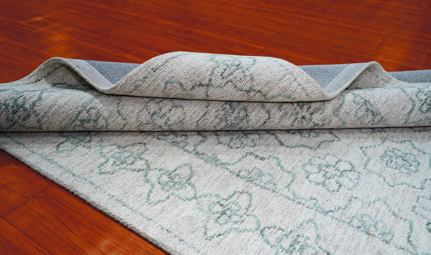 Cut Pile Hand Tufted Wool Area Rug - Mint Green Ivory Vintage Floral Distressed Custom Sizes