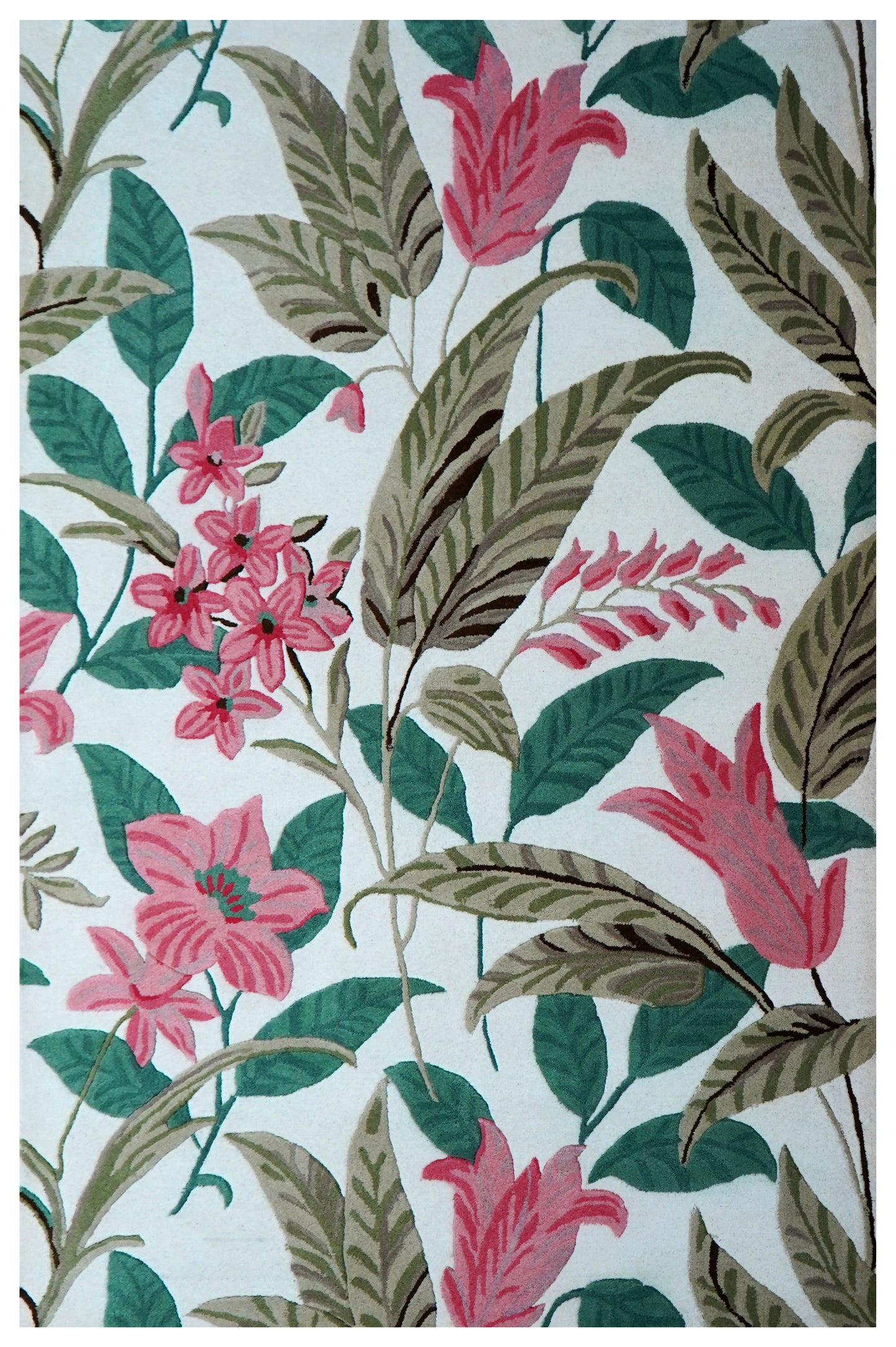 Tropical Floral Hand Tufted Wool Area Rug - White Pink Green Brown Botanical Custom Sizes