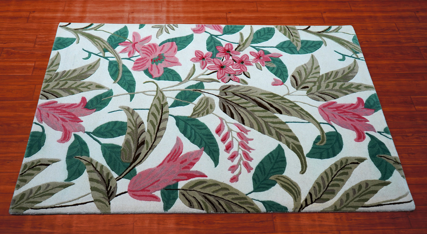 Tropical Floral Hand Tufted Wool Area Rug - White Pink Green Brown Botanical Custom Sizes