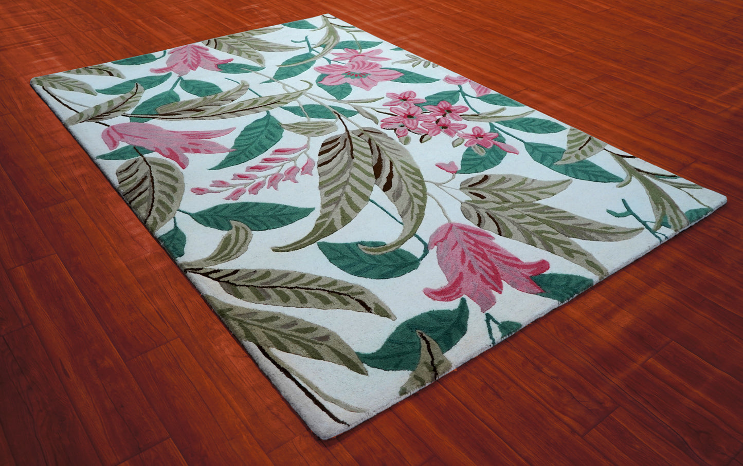 Tropical Floral Hand Tufted Wool Area Rug - White Pink Green Brown Botanical Custom Sizes
