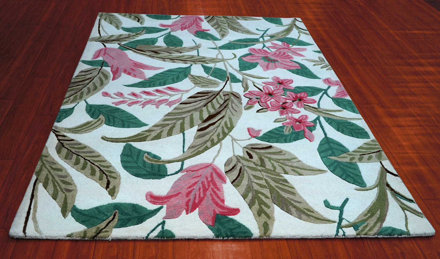 Tropical Floral Hand Tufted Wool Area Rug - White Pink Green Brown Botanical Custom Sizes