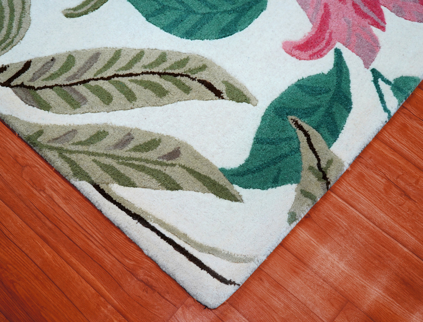 Tropical Floral Hand Tufted Wool Area Rug - White Pink Green Brown Botanical Custom Sizes