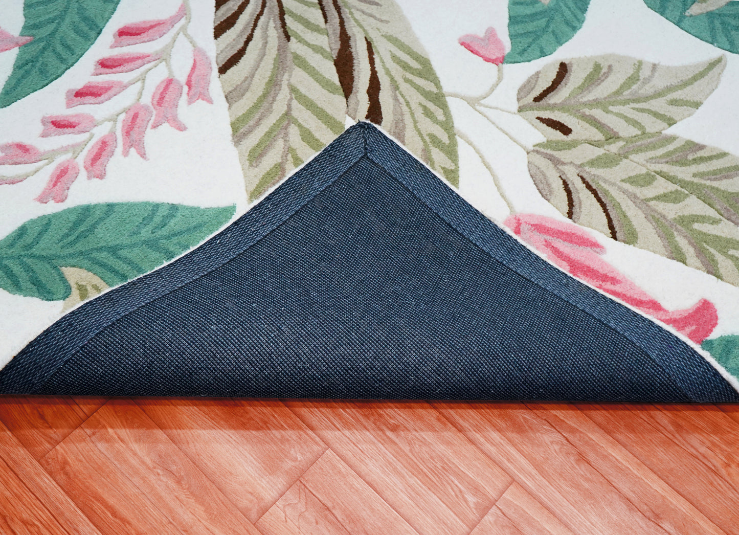 Tropical Floral Hand Tufted Wool Area Rug - White Pink Green Brown Botanical Custom Sizes