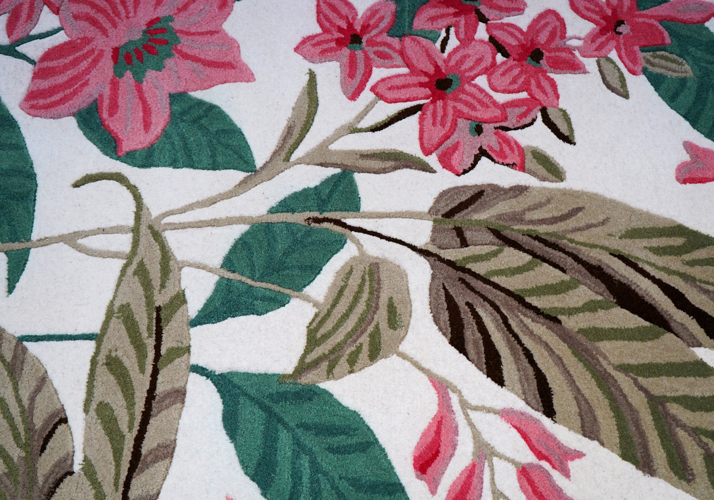Tropical Floral Hand Tufted Wool Area Rug - White Pink Green Brown Botanical Custom Sizes