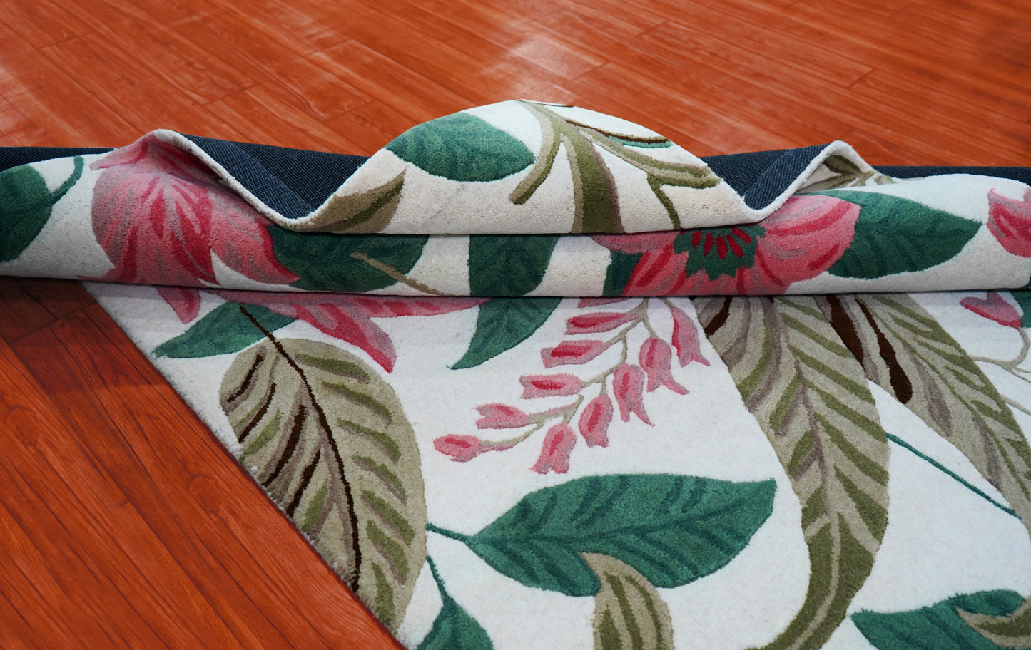 Tropical Floral Hand Tufted Wool Area Rug - White Pink Green Brown Botanical Custom Sizes