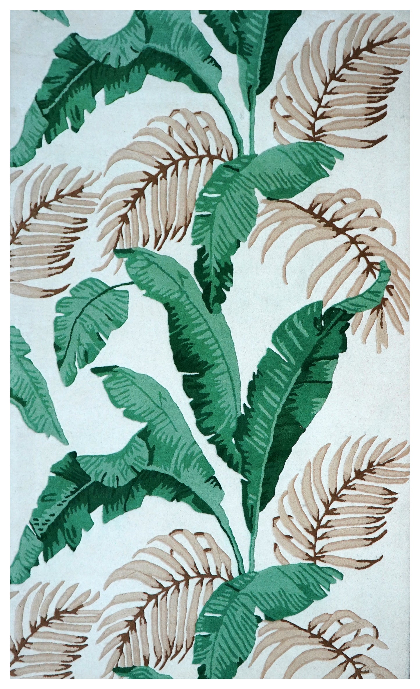 Green Beige Tropical Banana Leaves Hand Tufted Wool Area Rug - White Cut Pile Botanical Custom Sizes