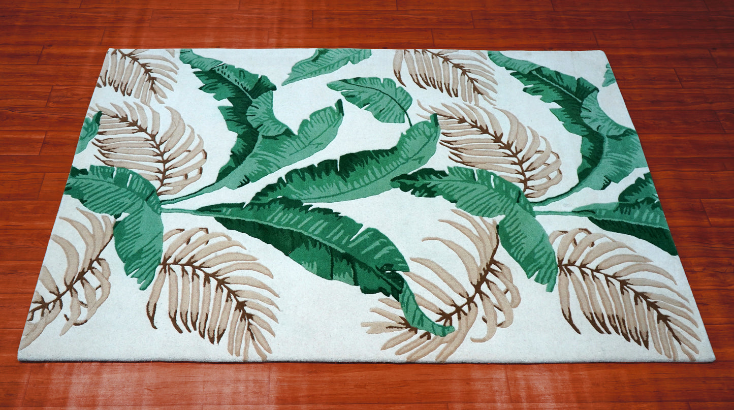 Green Beige Tropical Banana Leaves Hand Tufted Wool Area Rug - White Cut Pile Botanical Custom Sizes