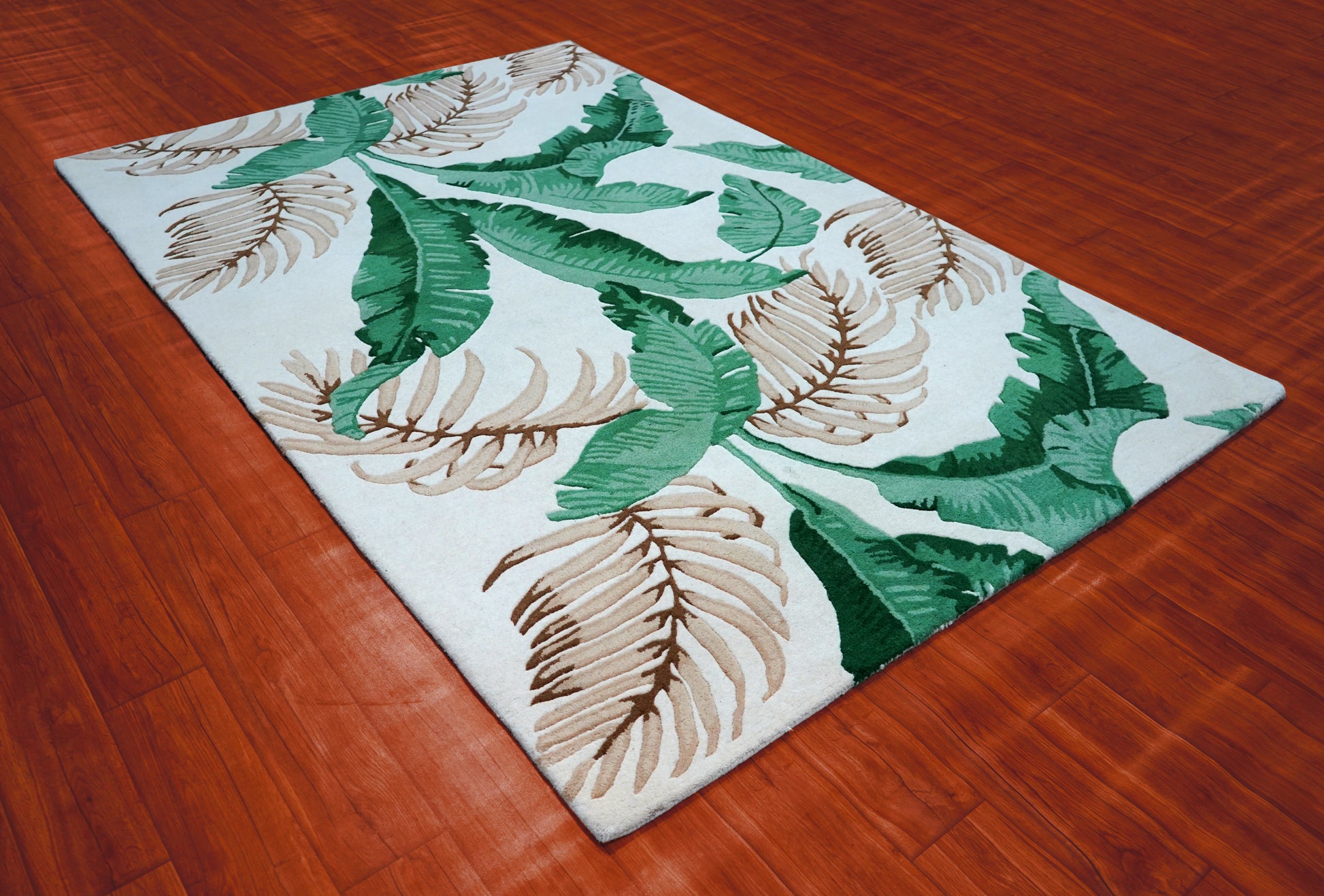 Green Beige Tropical Banana Leaves Hand Tufted Wool Area Rug - White Cut Pile Botanical Custom Sizes