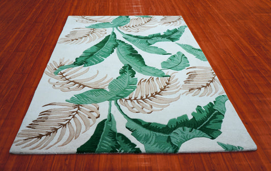 Green Beige Tropical Banana Leaves Hand Tufted Wool Area Rug - White Cut Pile Botanical Custom Sizes