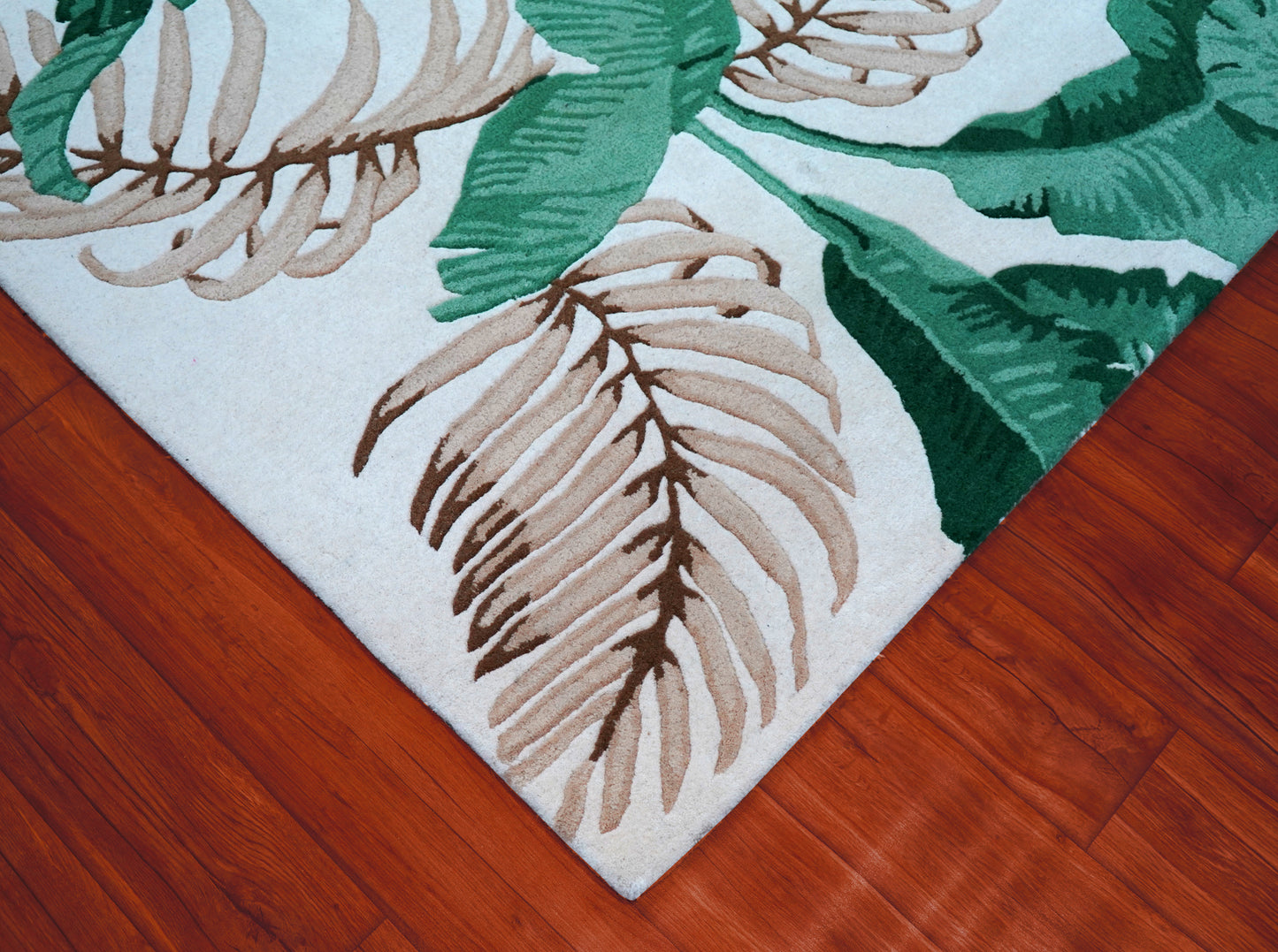 Green Beige Tropical Banana Leaves Hand Tufted Wool Area Rug - White Cut Pile Botanical Custom Sizes
