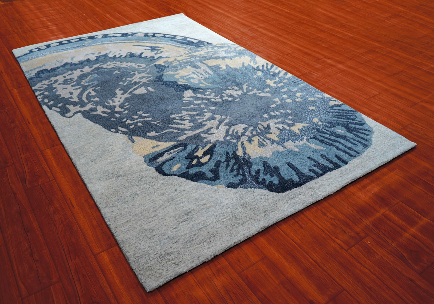 Blue Grey Beige Butterfly Abstract Hand Tufted Wool Area Rug - Cut Pile Artistic Custom Sizes