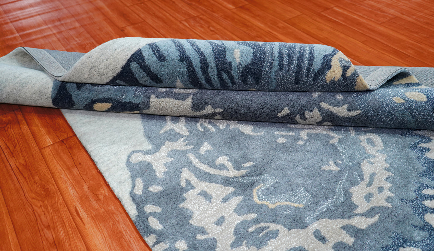 Blue Grey Beige Butterfly Abstract Hand Tufted Wool Area Rug - Cut Pile Artistic Custom Sizes