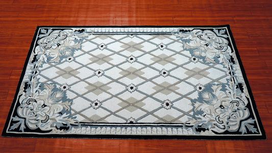 Grey White Diamond Trellis Floral Border Hand Tufted Wool Area Rug - Cut Pile Geometric Custom Sizes