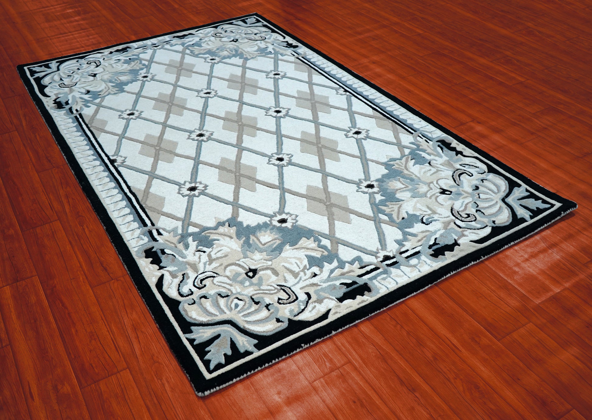 Grey White Diamond Trellis Floral Border Hand Tufted Wool Area Rug - Cut Pile Geometric Custom Sizes