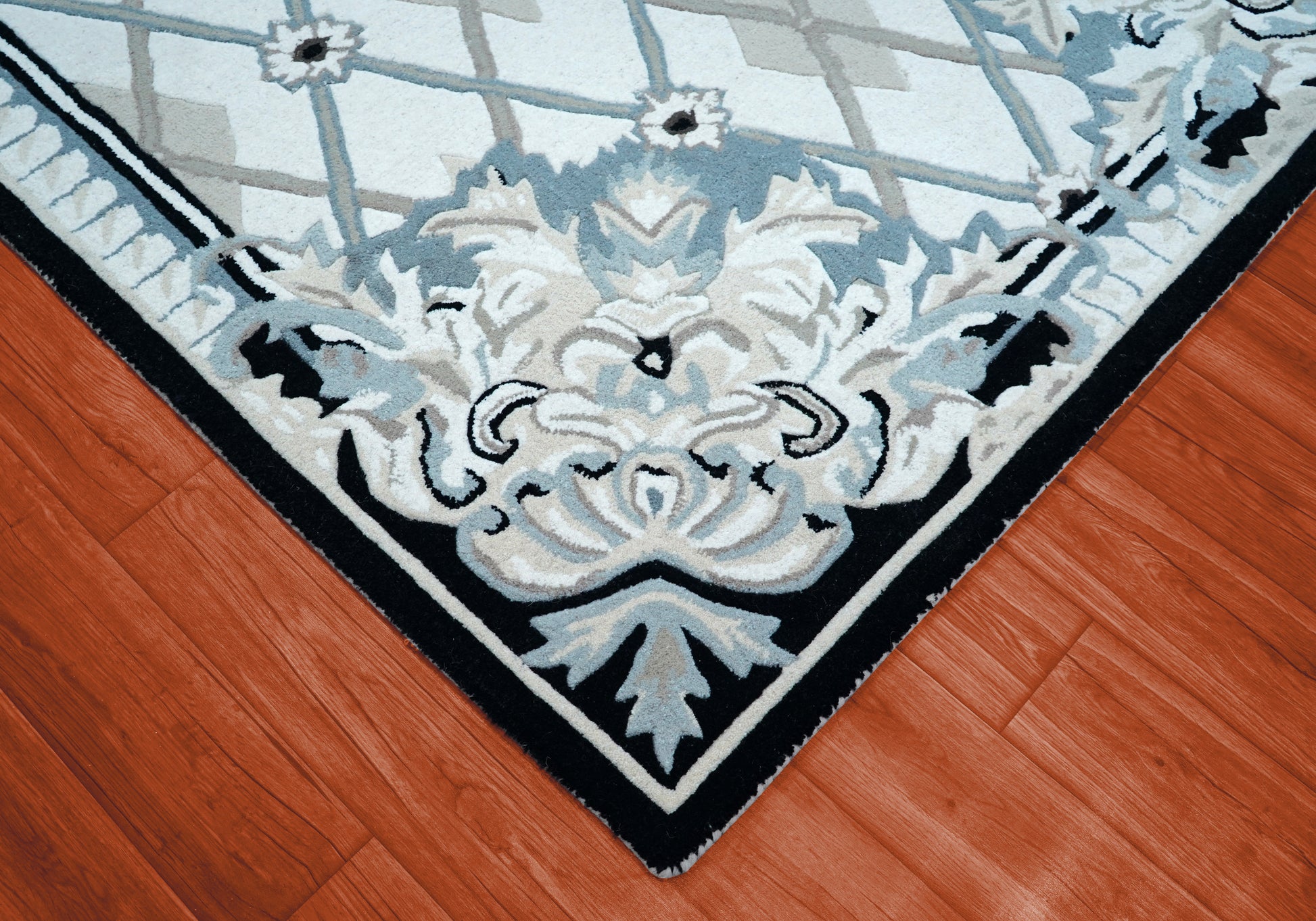 Grey White Diamond Trellis Floral Border Hand Tufted Wool Area Rug - Cut Pile Geometric Custom Sizes