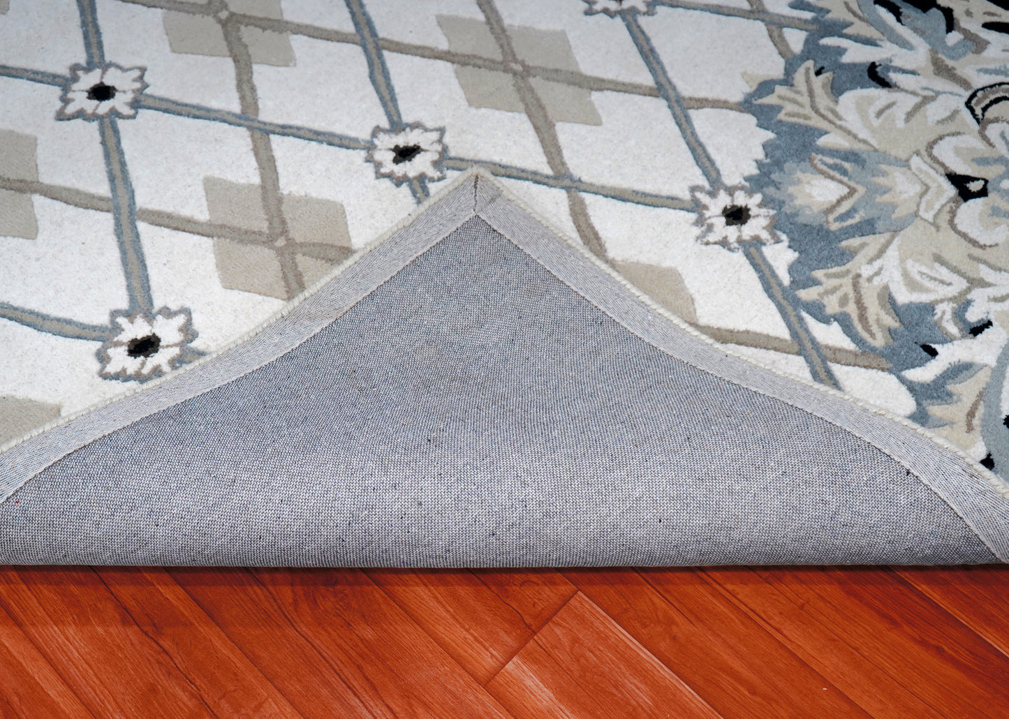 Grey White Diamond Trellis Floral Border Hand Tufted Wool Area Rug - Cut Pile Geometric Custom Sizes