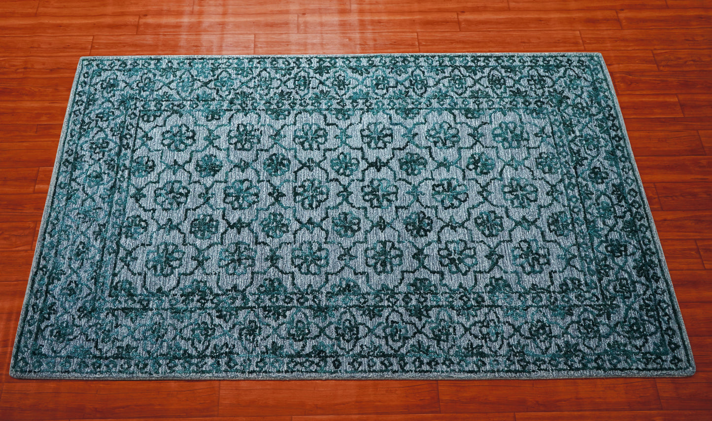 Teal Green Vintage Damask Distressed Hand Tufted Wool Area Rug - Cut Pile Shabby Chic Custom Sizes