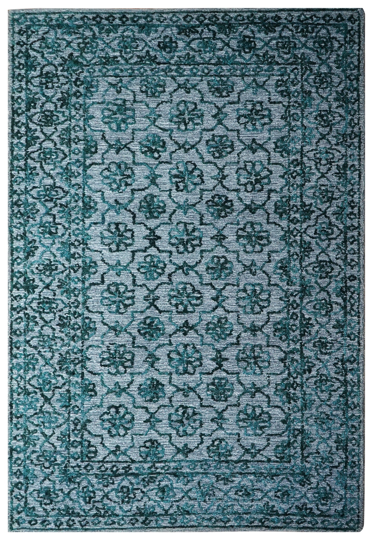 Teal Green Vintage Damask Distressed Hand Tufted Wool Area Rug - Cut Pile Shabby Chic Custom Sizes