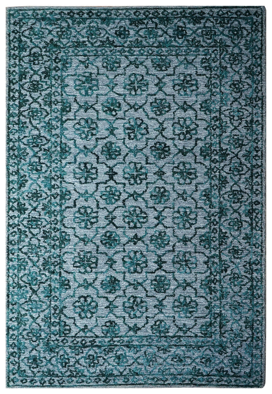 Teal Green Vintage Damask Distressed Hand Tufted Wool Area Rug - Cut Pile Shabby Chic Custom Sizes