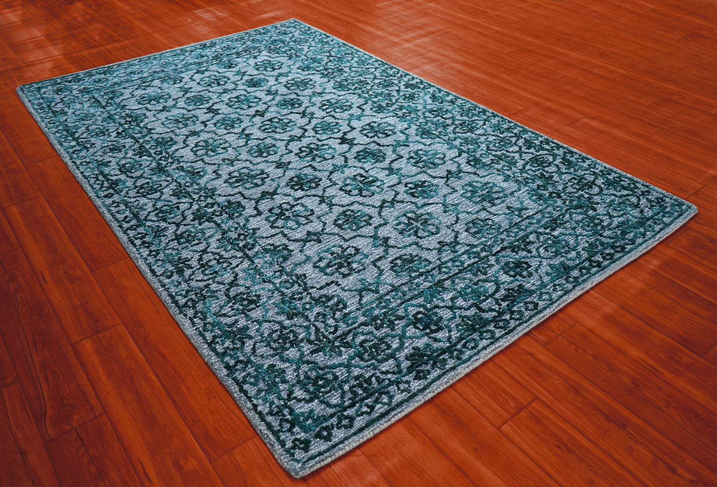 Teal Green Vintage Damask Distressed Hand Tufted Wool Area Rug - Cut Pile Shabby Chic Custom Sizes