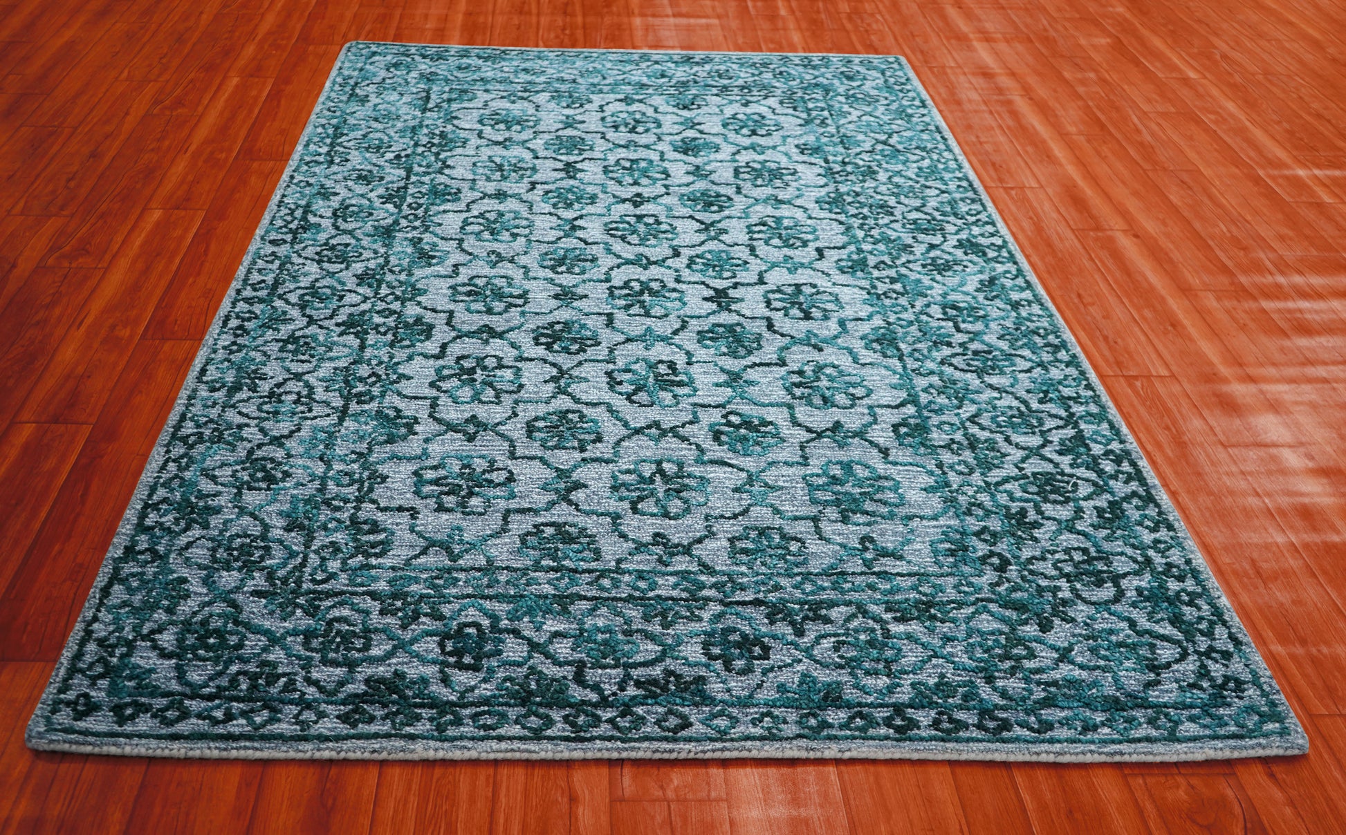 Teal Green Vintage Damask Distressed Hand Tufted Wool Area Rug - Cut Pile Shabby Chic Custom Sizes