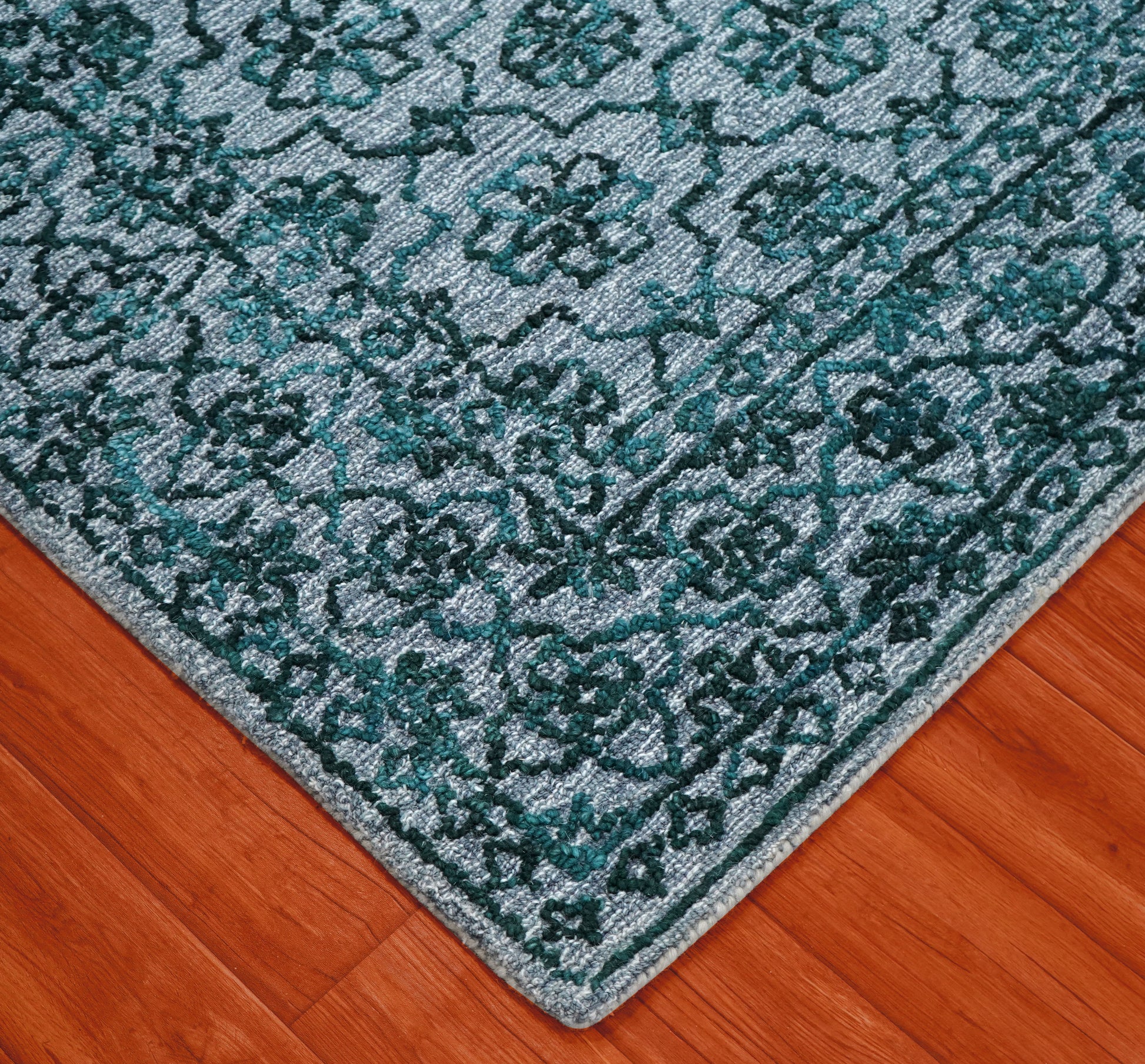 Teal Green Vintage Damask Distressed Hand Tufted Wool Area Rug - Cut Pile Shabby Chic Custom Sizes