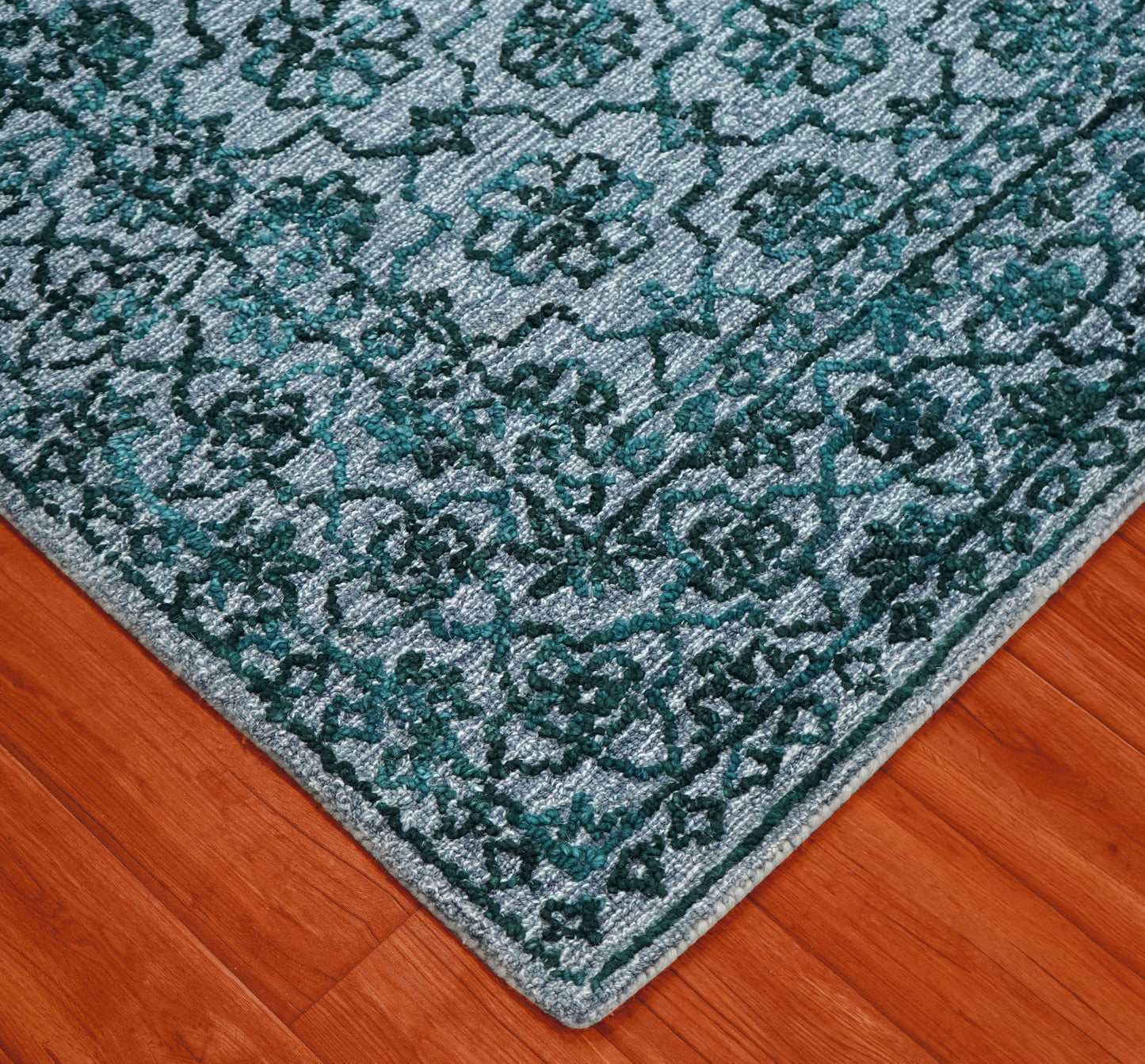 Teal Green Vintage Damask Distressed Hand Tufted Wool Area Rug - Cut Pile Shabby Chic Custom Sizes