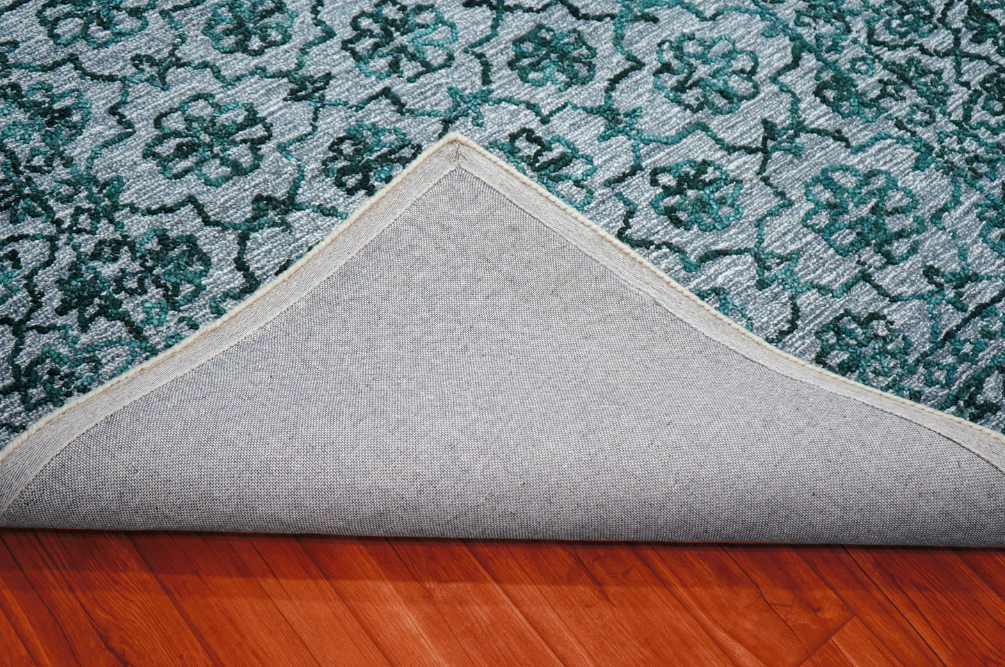 Teal Green Vintage Damask Distressed Hand Tufted Wool Area Rug - Cut Pile Shabby Chic Custom Sizes