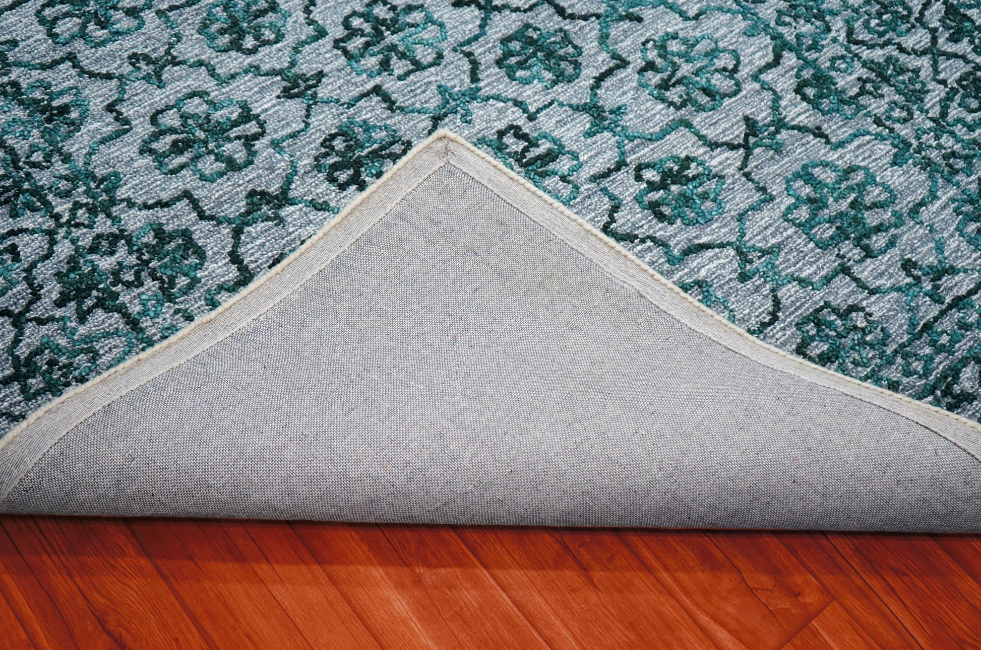 Teal Green Vintage Damask Distressed Hand Tufted Wool Area Rug - Cut Pile Shabby Chic Custom Sizes