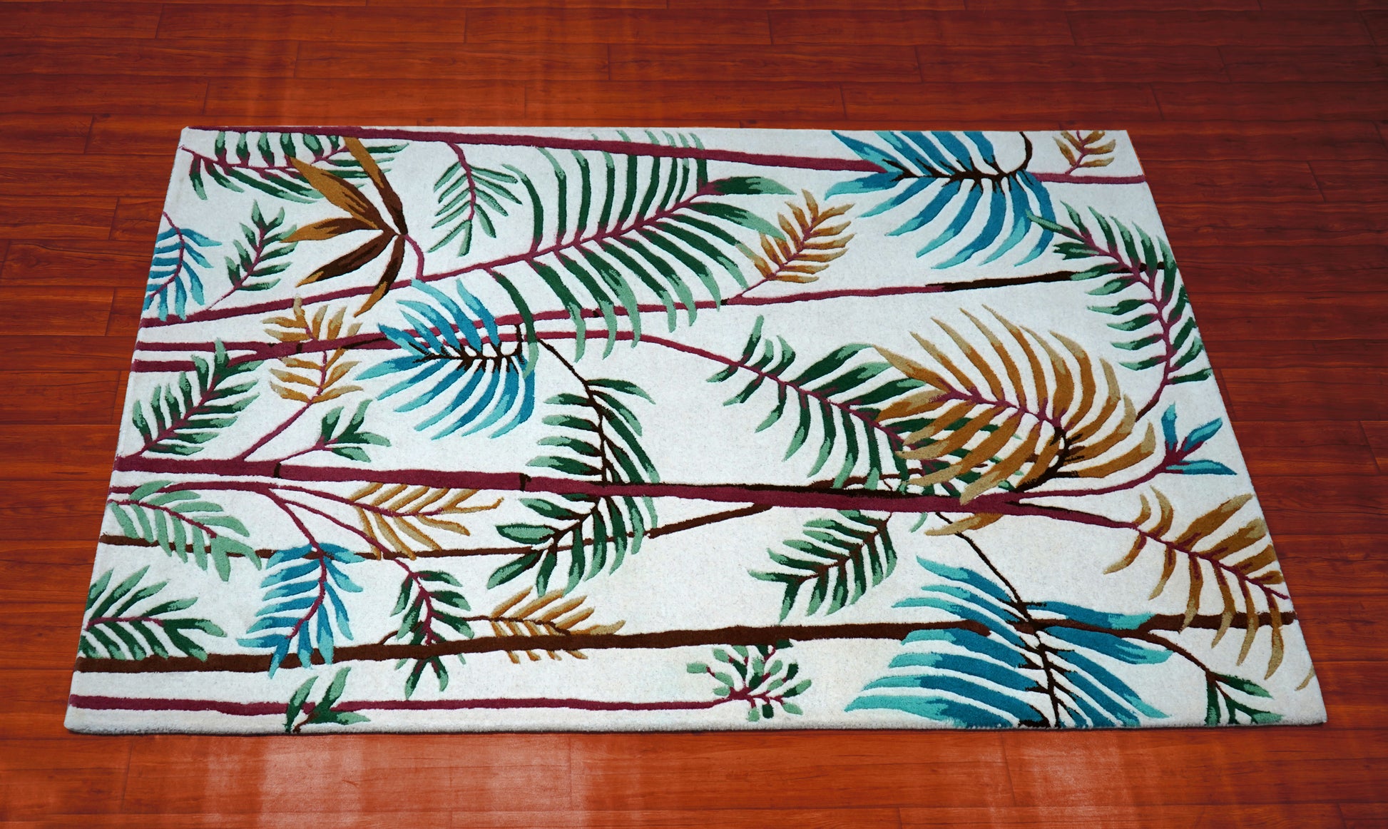 Tropical Palm Fronds Bamboo Hand Tufted Wool Area Rug - Teal Green Yellow Cut Pile Custom Sizes