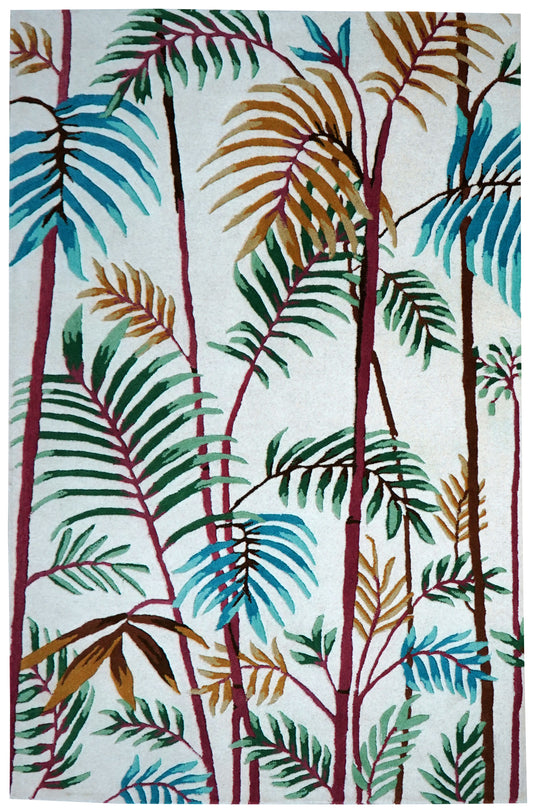 Tropical Palm Fronds Bamboo Hand Tufted Wool Area Rug - Teal Green Yellow Cut Pile Custom Sizes