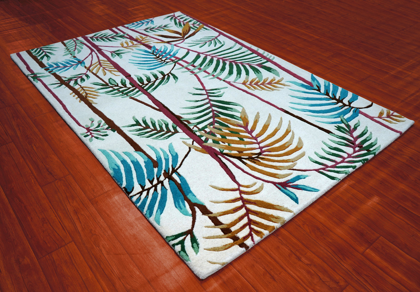 Tropical Palm Fronds Bamboo Hand Tufted Wool Area Rug - Teal Green Yellow Cut Pile Custom Sizes