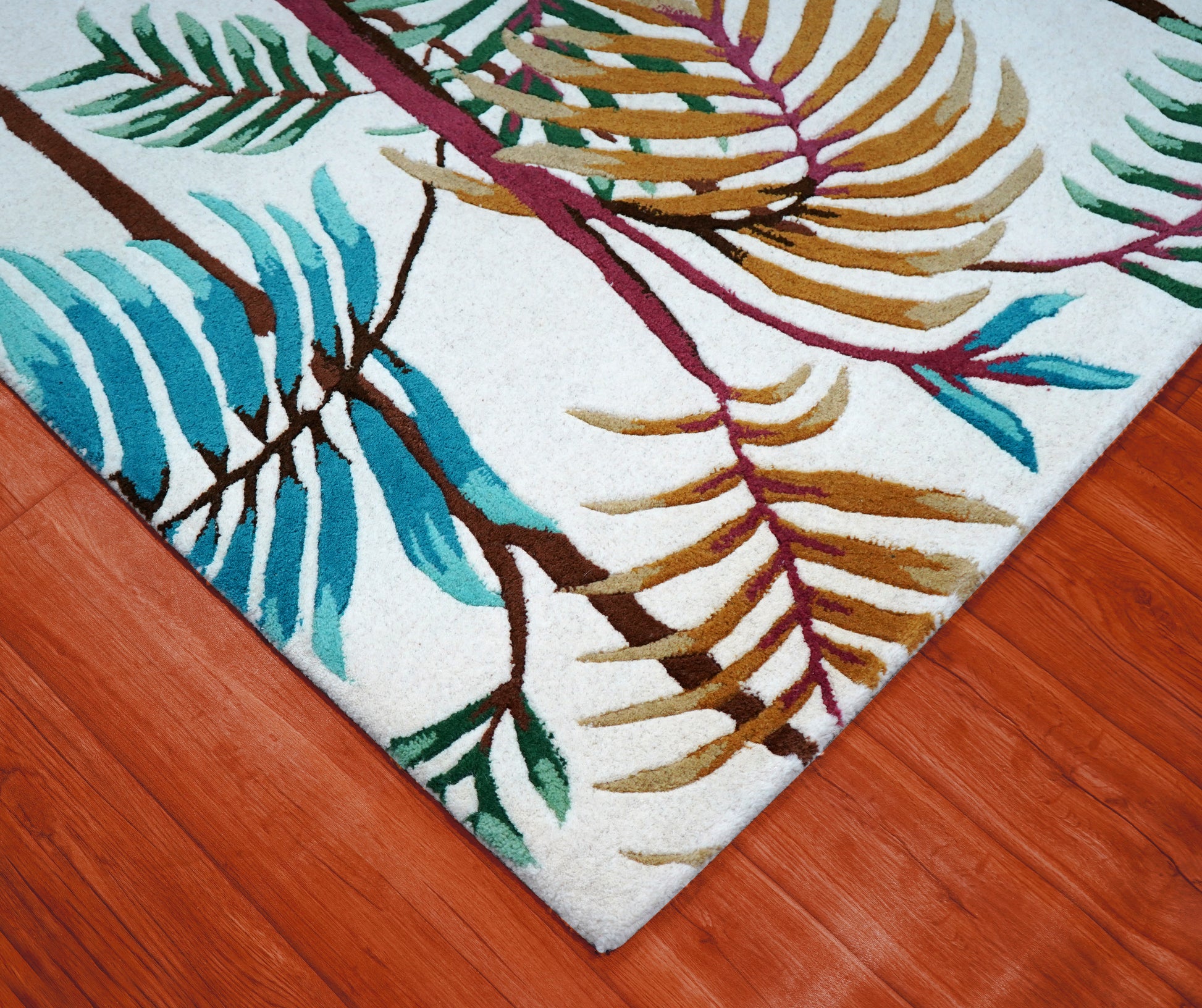 Tropical Palm Fronds Bamboo Hand Tufted Wool Area Rug - Teal Green Yellow Cut Pile Custom Sizes