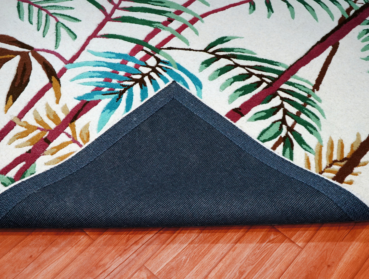 Tropical Palm Fronds Bamboo Hand Tufted Wool Area Rug - Teal Green Yellow Cut Pile Custom Sizes