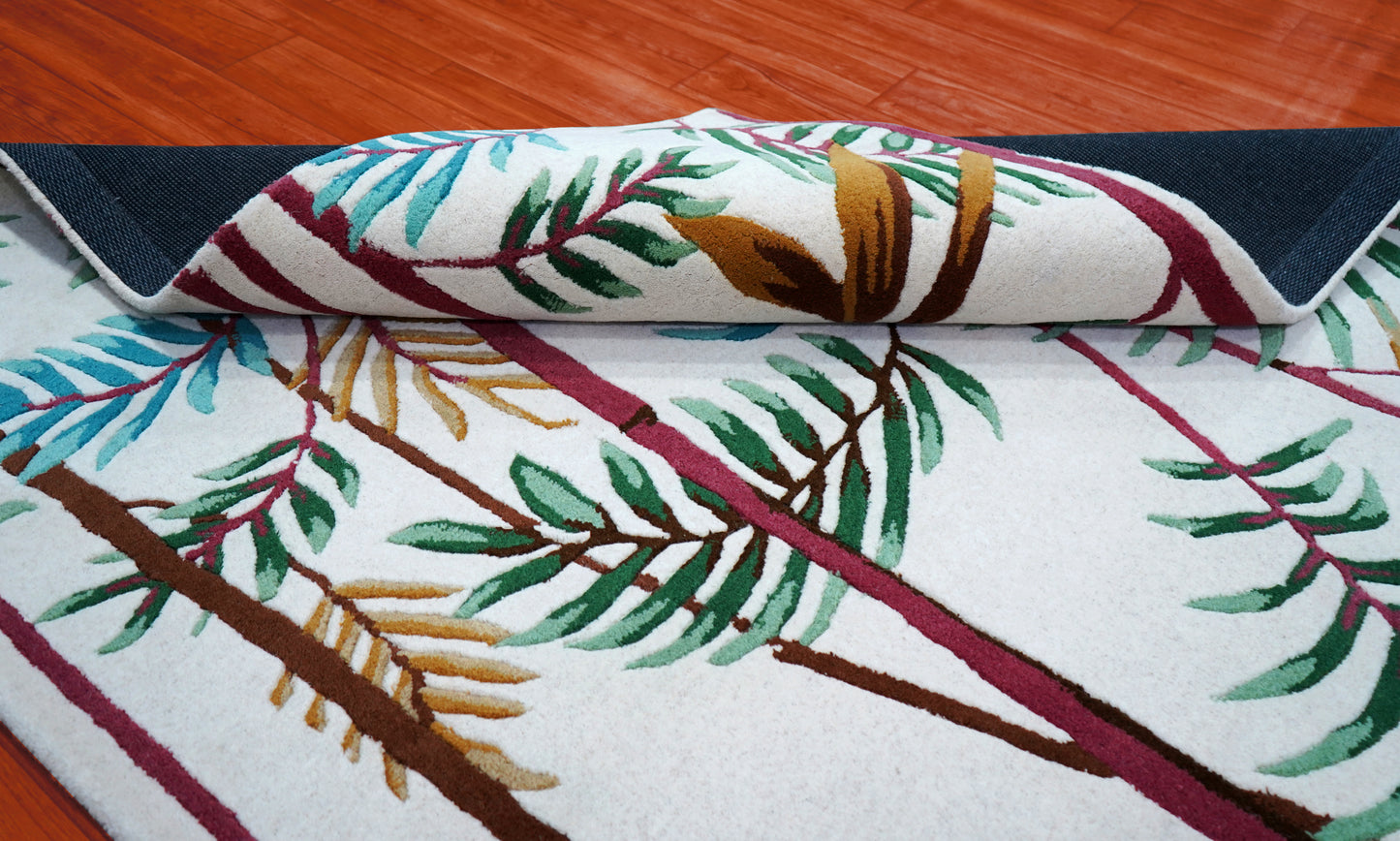 Tropical Palm Fronds Bamboo Hand Tufted Wool Area Rug - Teal Green Yellow Cut Pile Custom Sizes