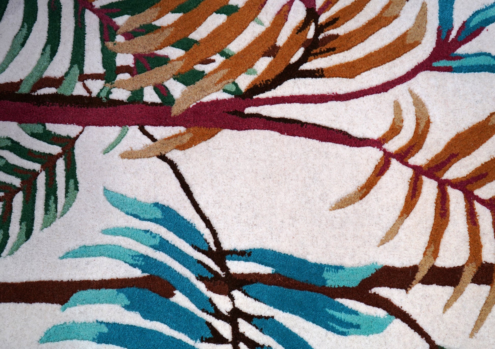 Tropical Palm Fronds Bamboo Hand Tufted Wool Area Rug - Teal Green Yellow Cut Pile Custom Sizes