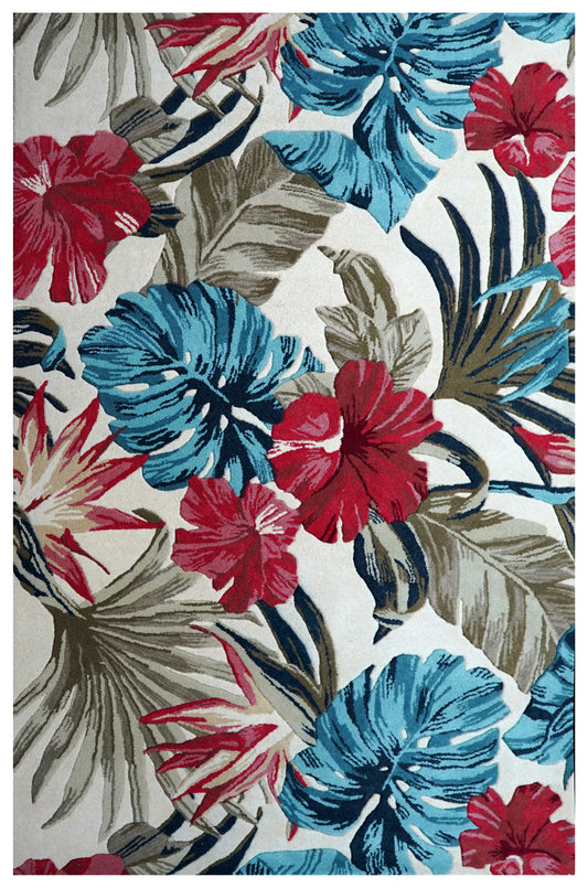 Bold Tropical Hibiscus Hand Tufted Wool Area Rug - Red Blue Beige Cut Pile Botanical Custom Sizes
