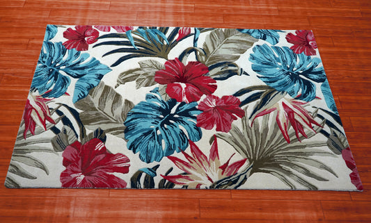 Bold Tropical Hibiscus Hand Tufted Wool Area Rug - Red Blue Beige Cut Pile Botanical Custom Sizes